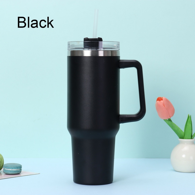 Simple Solid Color Large Capacity Double-layer Vacuum Stainless Steel Thermos Cup with Straw Coffee Cup Outdoor Car Water Cup