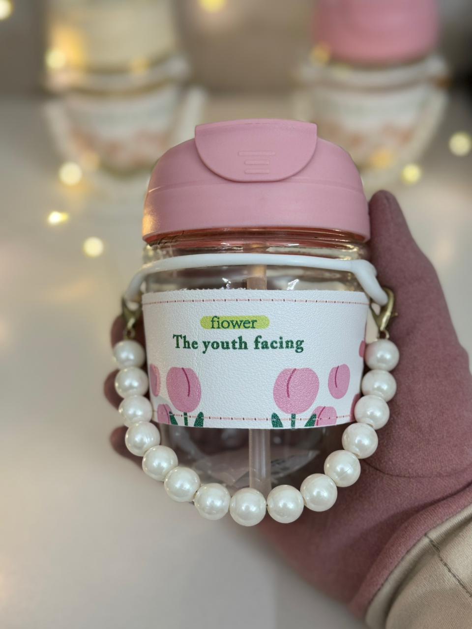 Aesthetic Floral Glass Water Bottle with Pearl Strap and Inspirational Quote