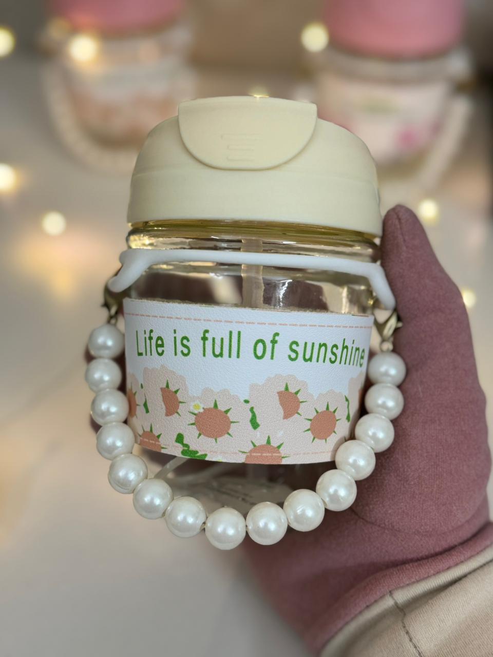 Aesthetic Floral Glass Water Bottle with Pearl Strap and Inspirational Quote
