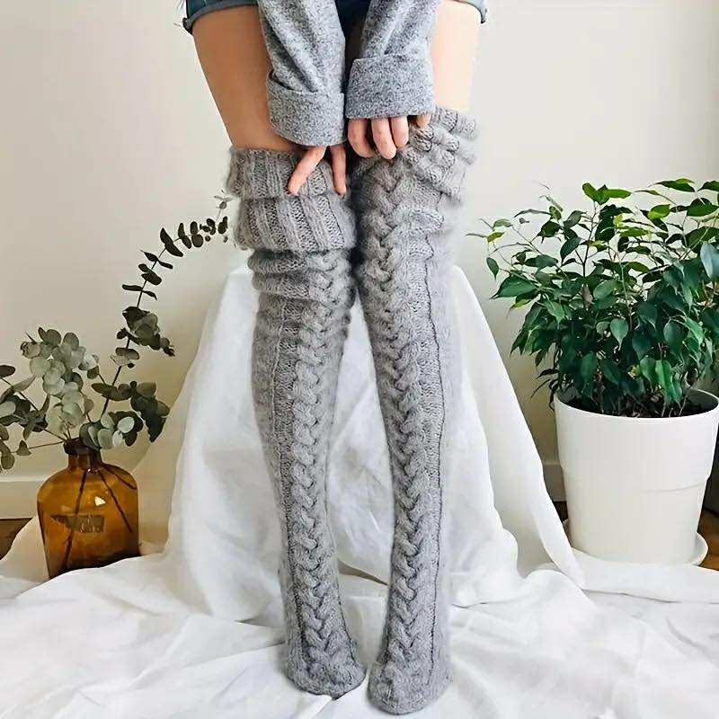 Winter Warm Over-the-Knee Leg Warmers: Women's Fashion Knitted Wool-Blend Twist Long Knee-High Stacked Socks