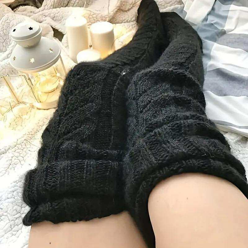 Winter Warm Over-the-Knee Leg Warmers: Women's Fashion Knitted Wool-Blend Twist Long Knee-High Stacked Socks