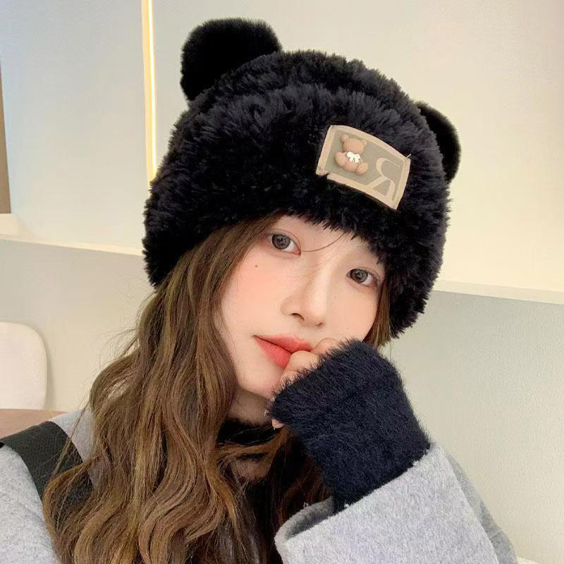 Cute Bear Beanie Cap for Women: Winter Warm Thick Knitted Plush Hat Korean Cartoon Female Ear-Protection Hats