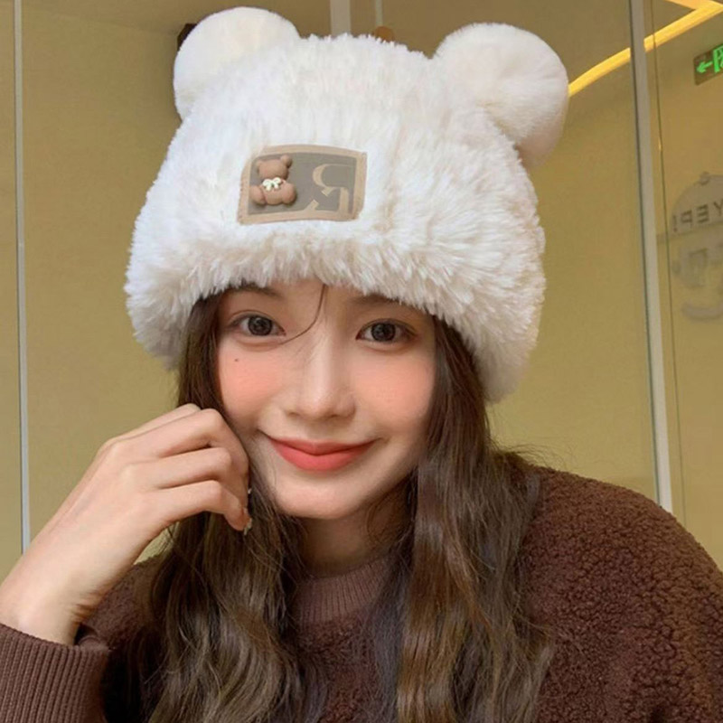Cute Bear Beanie Cap for Women: Winter Warm Thick Knitted Plush Hat Korean Cartoon Female Ear-Protection Hats