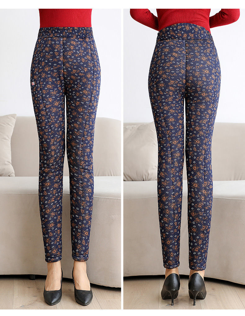 Elegant Floral Print Thermal Leggings: Women's Winter Warm High-Waist Slim-Fit Trousers with Velvet Lining